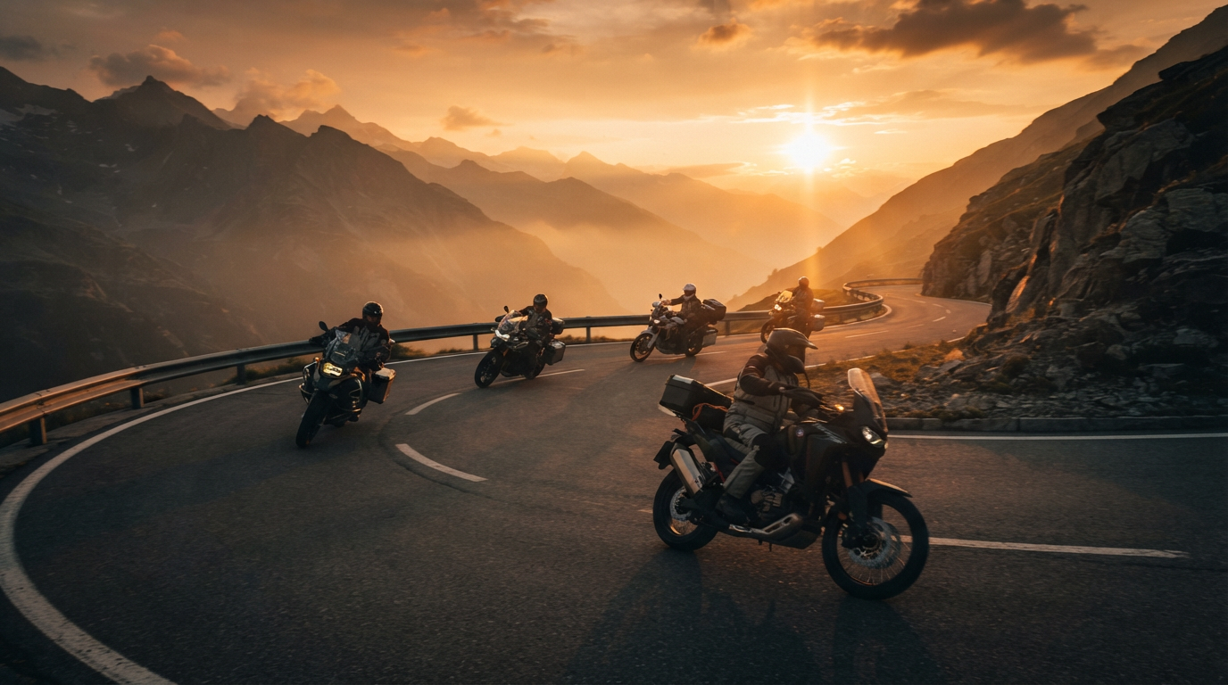 Adventure motorcycles riding through mountain roads at golden hour